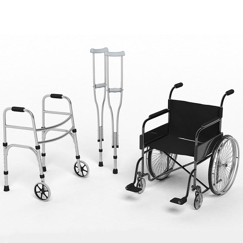 A walker, crutches, and a wheelchair